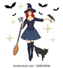 Modern redhead green-eyed witch with broomstick, cat, raven and bats. Vector illustration for Halloween party. Cartoon style.