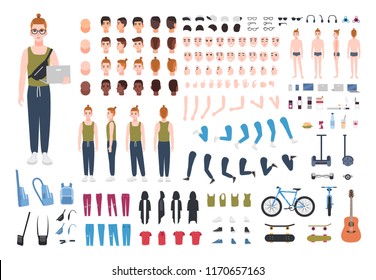 Modern redhead teenage boy constructor or DIY kit. Collection of teenager's body parts, poses, facial expressions, trendy clothes, gadgets isolated on white background. Cartoon vector illustration.