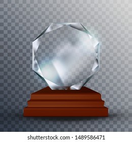 Modern Reflection Blank Glass Trophy Award Vector. Concept Of Glossy Blank Round Trophy On Wooden Pedestal. Clear Prestigious Prize Reward Scientist Or Inventor Template Realistic 3d Illustration