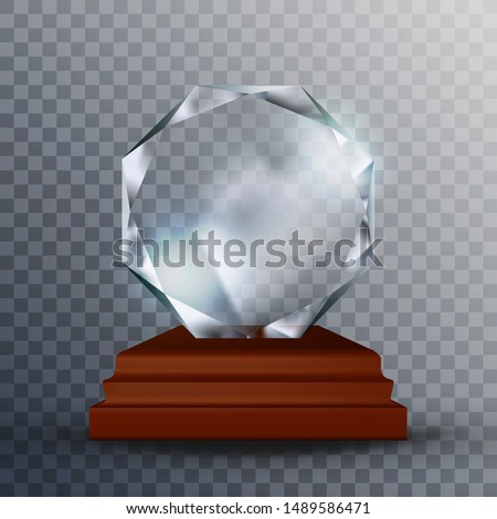 Modern Reflection Blank Glass Trophy Award Vector. Concept Of Glossy Blank Round Trophy On Wooden Pedestal. Clear Prestigious Prize Reward Scientist Or Inventor Template Realistic 3d Illustration