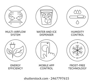 Modern refrigerator icons set with main technologies and characteristics. Energy efficiency, Mobile app control, Frost-free technology, Multi-airflow system. Water and ice dispenser and Humidity