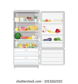 Modern refrigerator with opened door full of various healthy vegetarian food - fresh fruits and vegetables, dietary products, wholesome daily meals. Colorful vector illustration in flat style.