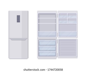 Plantilla moderna de refrigerador abierta y cerrada. Elegante frigorífico electrónico vacío sin sistema de heladas congelador de tres secciones congelador inteligente panel de control conveniente vectores de cocina de casa plana.