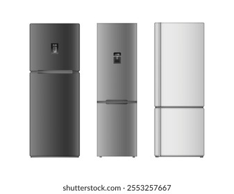 Modern refrigerators with two compartments for freezer and fresh zones. Vector isolated realistic fridge for storing and keeping food fresh. Kitchen appliances and interior design for home