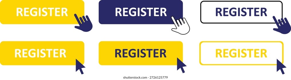 Moderno conjunto de Botones de registro con Hacer clic de mano e íconos de puntero de ratón para Web UI UX Design, Elementos de interfaz de llamada a la acción para Suscripción de Sitios web y registro.