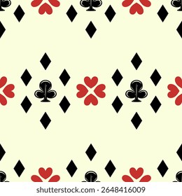 Modern reinterpretation of playing card suits with floral touches. Unique black, red, and cream palette adds sophistication. Delicate joyful for luck seamless pattern, wallpaper, decoration, carpet