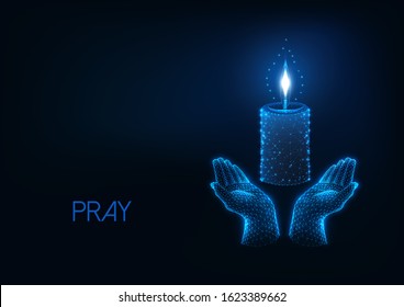 Modern religious web banner with glowing low polygonal praying hands and burning candle isolated on dark blue background. Futuristic wire frame mesh design vector illustration.