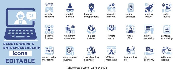 Modern Remote Work and  Entrepreneurship Icon Set: High-quality, editable vectors for creative and professional use