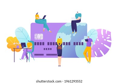 Modern remote work, tiny character freelancer people personal computer, debit card flat vector illustration, isolated on white.