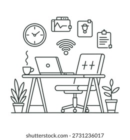Moderno Espaço de Trabalho Remoto e Ícone de Produtividade Digital - Laptop, Mesa e Wi-Fi