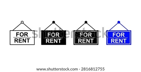 Modern FOR RENT sign variations in outline, solid, bold border, and blue styles for property rental advertising and marketing design inspiration
