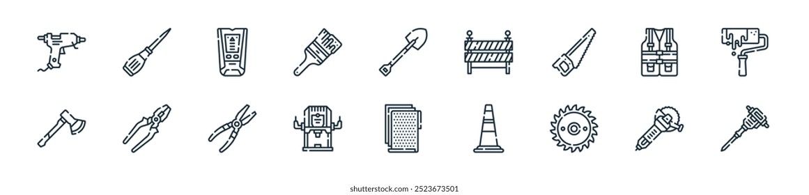 modern repair tools icon pack. perfect for linear ui designs featuring vector jackhammer, angle grinder, saw blade, traffic cone, sandpaper, router, needle e pliers and more icons for mobile and web