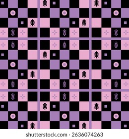 Modern Repeating Checkerboard Design Featuring Vibrant Foliage Accents