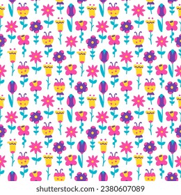 Modern repeating flowers on a white background. Abstract floral seamless pattern.