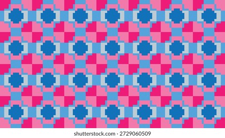 Grade geométrica repetitiva moderna com sinais de mais magenta e quadrados azuis. Ilustração de vetor profissional para marca de tecnologia criativa