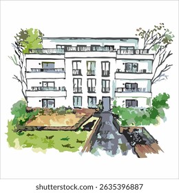 Modern Residence in Watercolor. Good for cover book, poster, postcard, greeting card