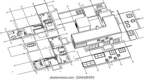 modern residential architecture plan 3d illustration