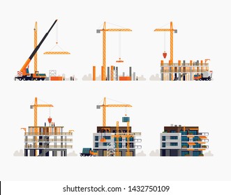 Modern residential building construction process and stages. Set of vector flat design illustration on housing unit construction site
