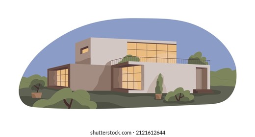 Modern residential building outdoors. Suburban house facade with light in windows. Contemporary villa in nature. Home with terrace. Real estate. Flat vector illustration isolated on white background