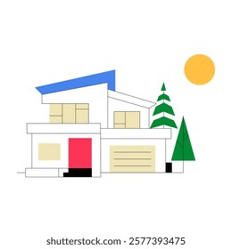 Modern Residential House With Garage In Flat Vector Illustration Symbolizing Architecture, Home Design, And Urban Living, Isolated On White Background