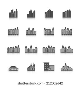 Modern residential urban settlement street buildings and industrial office edifice cityscape black isolated icons set vector illustration