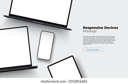 Modern Responsive Devices Mockup, Laptops, Tablet Computer, Smartphone. Vector Illustration