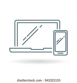 Modern responsive laptop and smartphone icon. Notebook and mobile device sign. Mobile technology symbol. Thin line icon on white background. Vector illustration.