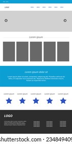 Modern responsive web template. Menu, carousel, banners, text, icons, footer. Blue, grey, white color combination