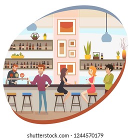 Modern Restaurant Bar, Cafe or Pub Flat Vector Banner with Barman at Bar Counter Pouring Beer and Clients Ordering and Drinking Alcohol Beverages Illustration. People Conversation in Bar. Night Life