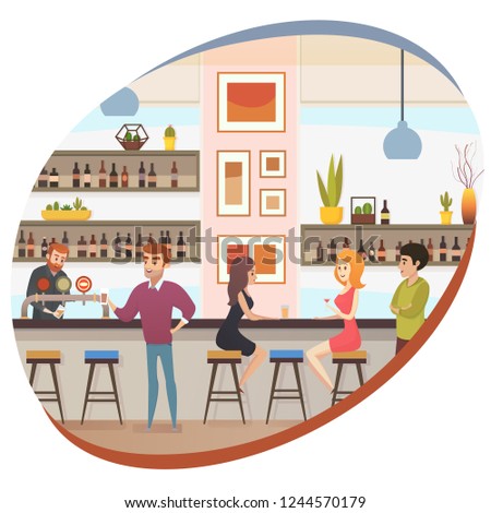 Modern Restaurant Bar, Cafe or Pub Flat Vector Banner with Barman at Bar Counter Pouring Beer and Clients Ordering and Drinking Alcohol Beverages Illustration. People Conversation in Bar. Night Life