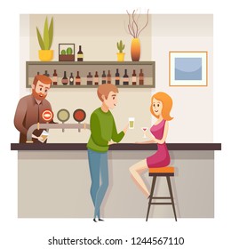 Modern Restaurant, Bar or Cafeteria Visitors Flat Vector Illustration Barman at Counter Pouring Beverage with Beer Tap, Young Man and Woman Spending Time in Pub, Drinking Alcohol Drinks and Flirting