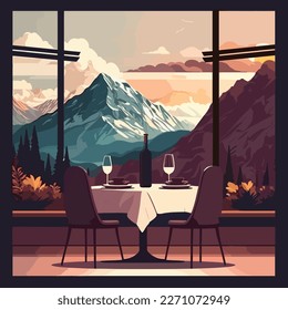 Modern restaurant with a beautiful view of the mountains. Vector illustration.