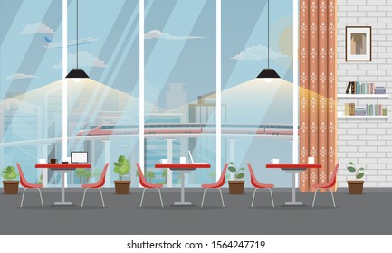 Modern Restaurant or cafe interior with large window and cityscape. Vector illustration.