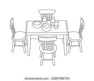 Modern Restaurant chairs with table set with white background, Hand Drawn outline