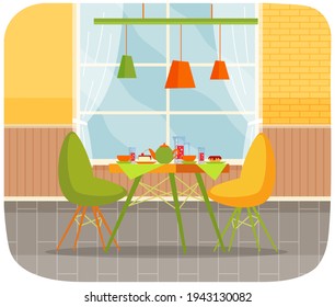 Modern restaurant, confectionery interior design. Served table with desserts and sweet drinks