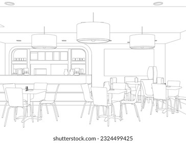 Modern Restaurant. Contour of furnished interior of fancy restaurant or bistro hand drawn with contour lines on white background. Rough drawing of modern cafe. Monochrome vector illustration.