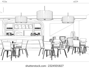 Modern Restaurant. Contour of furnished interior of fancy restaurant or bistro hand drawn with contour lines on white background. Rough drawing of modern cafe. Monochrome vector illustration.