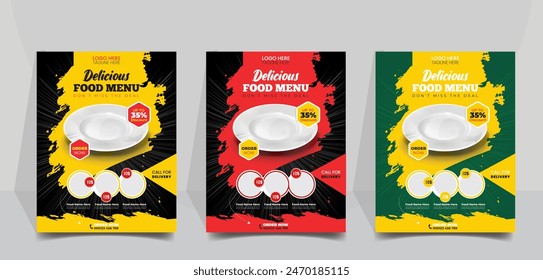 Modern restaurant flyer template for advertisement and marketing. Food menu banner and poster vector with Plate. Restaurant business promotion flyer template design