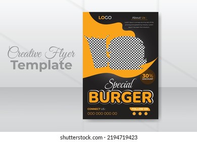 Modern Restaurant Food Flyer Template Or Instagram Promotional Post Design In A4 Size, Burger Flier ,unique Book Cover Design, Brochure, Annual Report, Flyer, Leaflets Editable For Printing