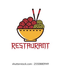 Modern Restaurant Logo, Asian Japanese Korean Creative Noodle and Meatball Food Bowl with Chopsticks Vector.