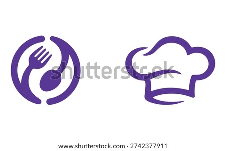 Modern Restaurant Logo Icon Set Vector featuring minimal food and cafe symbols including chef hat, coffee cup, spoon, fork, plate, cloche and flame. Perfect for restaurant branding, menu design, catering business, food delivery apps and packaging.