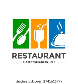 Modern restaurant logo icons featuring a fork, spoon, glass, and food cover (cloche) in vibrant separate panels.