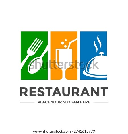 Modern restaurant logo icons featuring a fork, spoon, glass, and food cover (cloche) in vibrant separate panels.