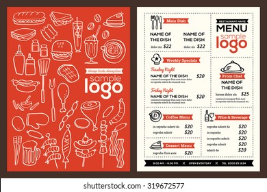 Modern Restaurant menu cover design pamphlet vector template with foods doodle illustration