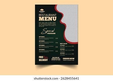 Modern Restaurant Menu Flyer Template with Burger Image and Special Offers Layout