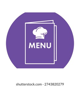 Modern restaurant menu graphic showcasing a stylish chef hat symbol on a vibrant purple background with clean white folded paper edges for a sleek dining experience