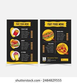 modern Restaurant menu template design with customer engaging colon this template suitable for pizza, 
burger, fast food business A4 size  