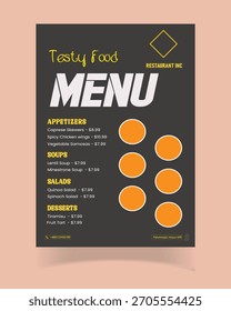 Diseño moderno de la Plantilla del menú del restaurante con el fondo oscuro y los acentos amarillos - diseño del volante de la comida de Vector. 