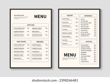 Moderno menú de restaurante. Diseño de la carta de comida y bebida. Ilustración del vector