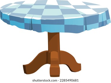 modern restaurant table with tablecloth, candles in candlestick, plant, wineglasses, reservation tabletop sign standing on it and two chairs. Bright colored cartoon vector illustration.